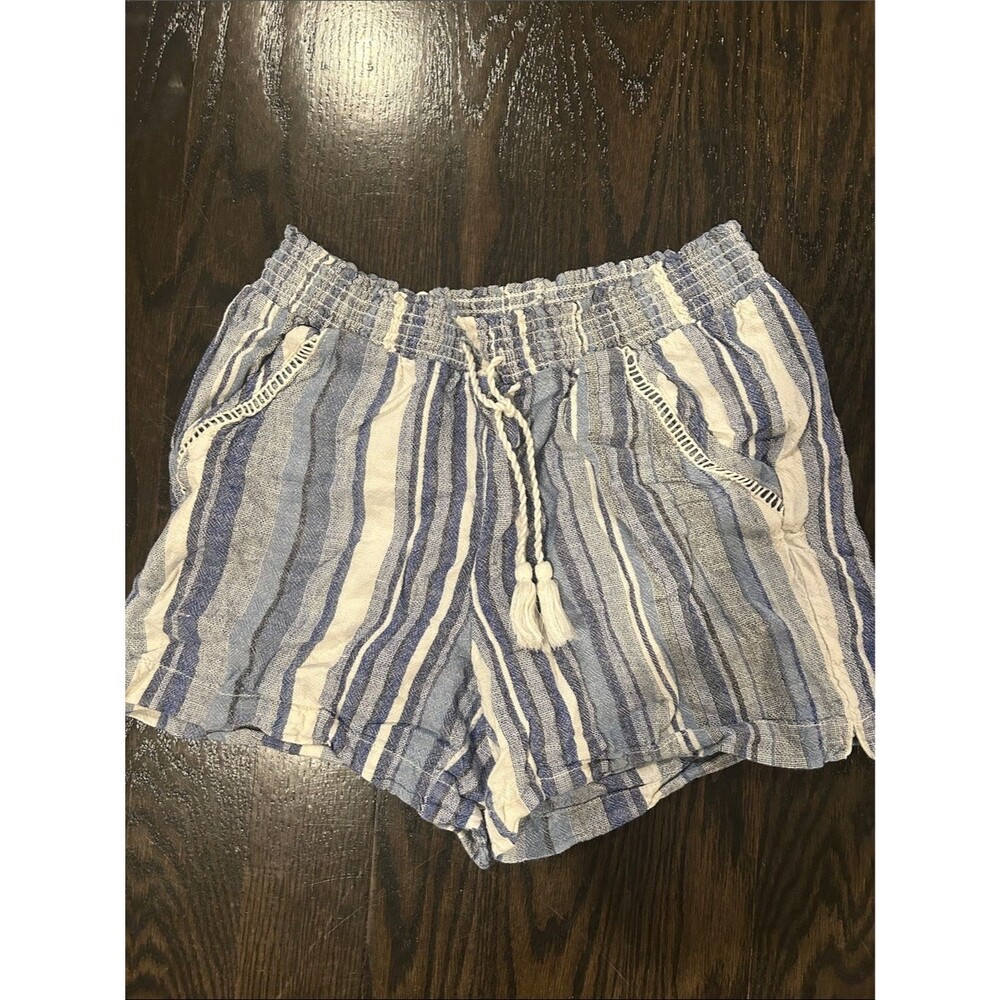 Briggs Striped High-Waist Blue and White Drawstring Shorts Medium Linen Blend